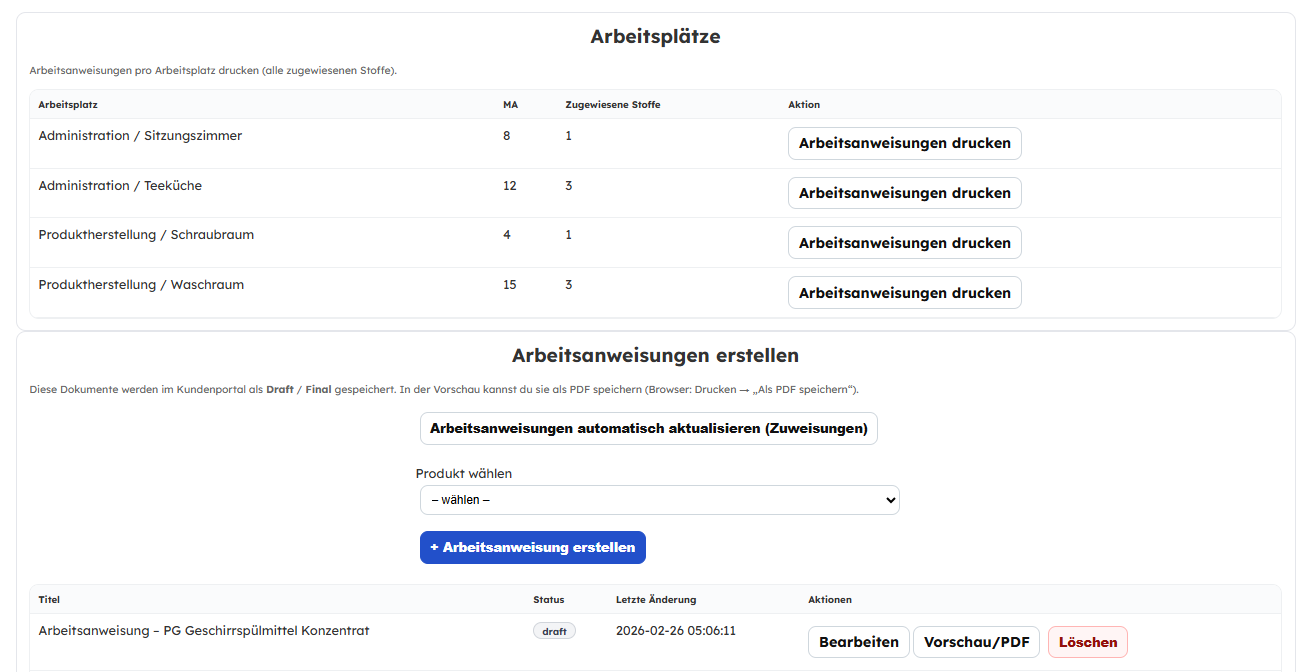 Arbeitsanweisungen erstellen – automatisch aus den zugewiesenen Produkten am Arbeitsplatz (einzeln oder im Bulk)