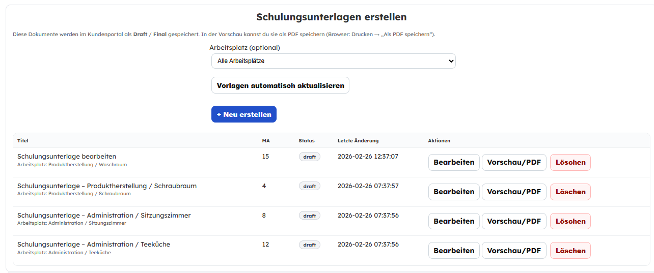 Schulungsunterlagen erstellen – automatisch aus den zugewiesenen Produkten am Arbeitsplatz (einzeln oder im Bulk)
