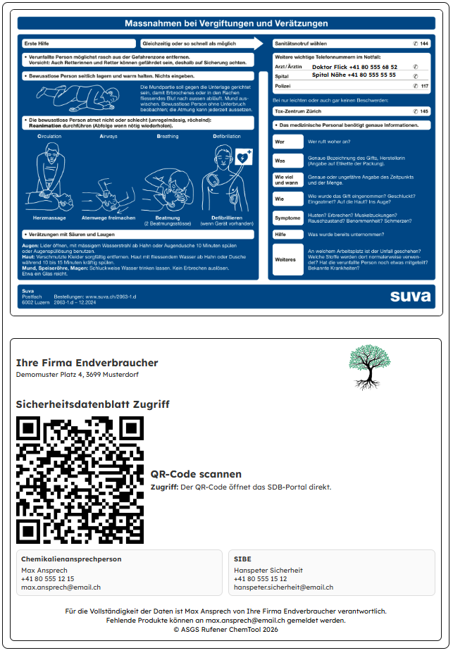 Beispiel Aushang: Massnahmen bei Vergiftung und Verätzung und QR‑Code Zugriff