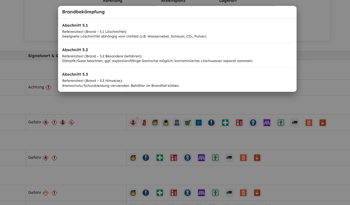 ChemTool: Detailansicht – Brandbekämpfung aus dem Sicherheitsdatenblatt per Klick auf Symbol
