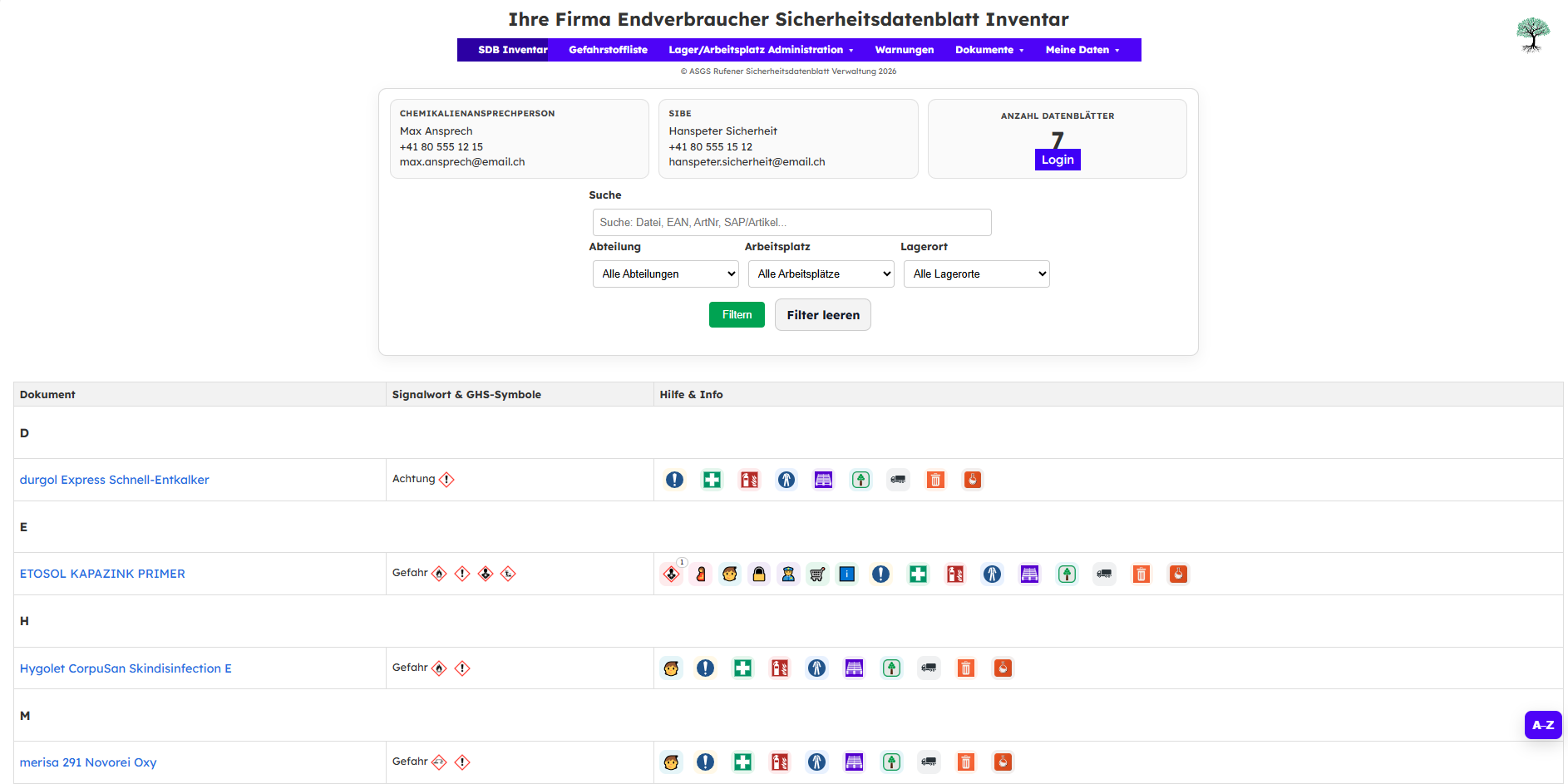 ChemTool: Mitarbeitendenansicht ohne Login – SDB‑Inventar mit Schnellzugriff über Symbole