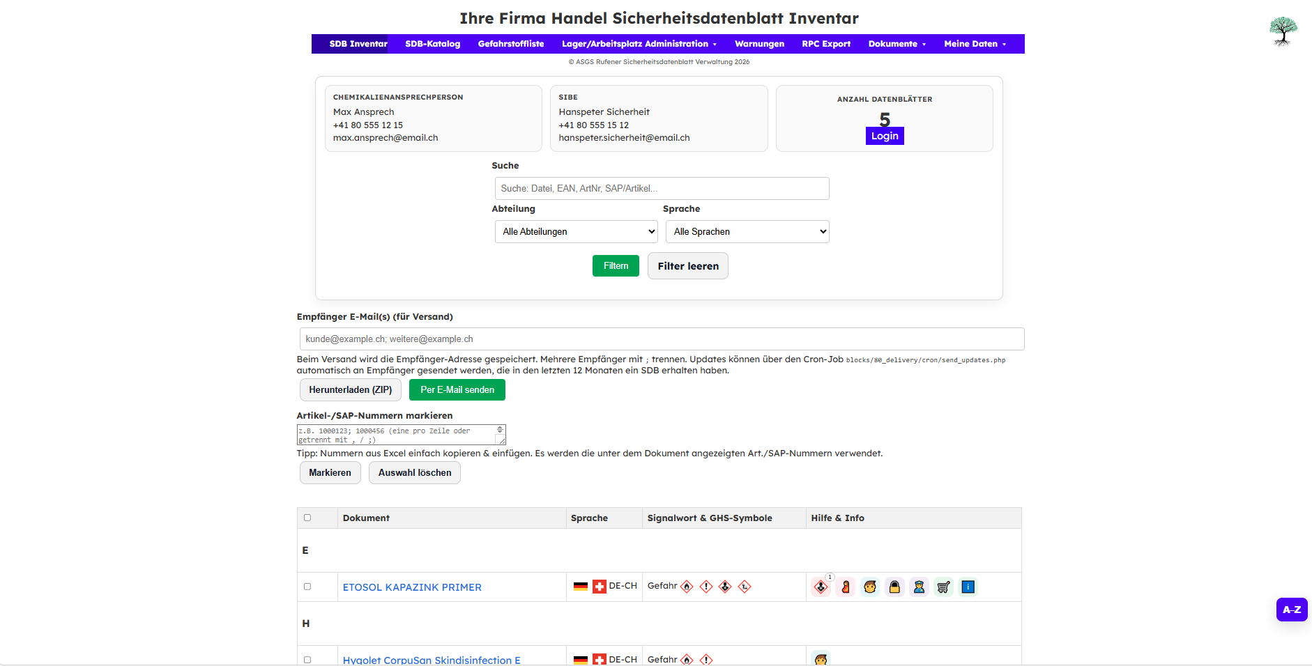 ChemTool Händleransicht: SDB‑Inventar mit Auswahl und Versand per E‑Mail oder ZIP