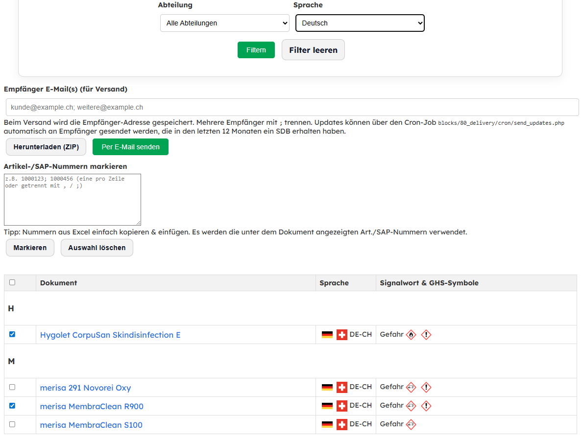 ChemTool SDB-Versand: Auswahl, Filter und Empfängeradresse