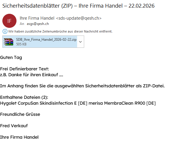 ChemTool SDB-Versand: E-Mail mit ZIP-Anhang und Inhaltsliste